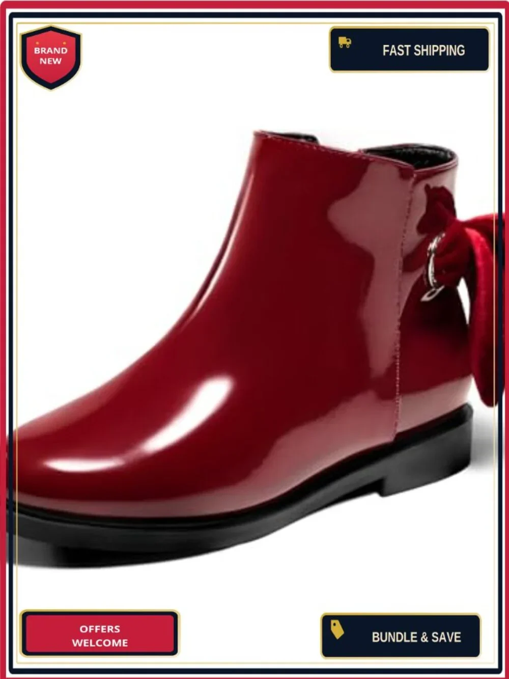 Girls Ankle Boots Chunky Low Heel Side Zipper Dress Booties with Bow